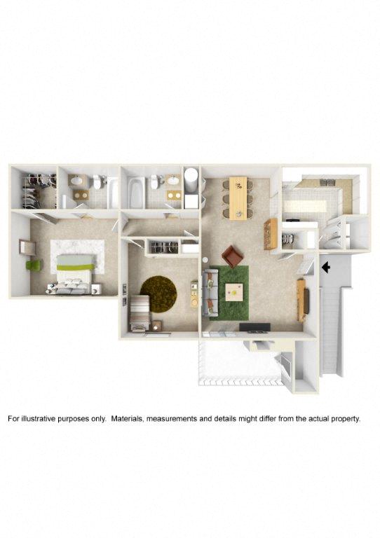 Floor plan for 2 beds, 2 baths, 1100 sqft